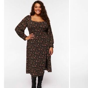 Forever 21+ Floral Midi Dress Square Neck Long‎ Sleeve Plus Size 0X